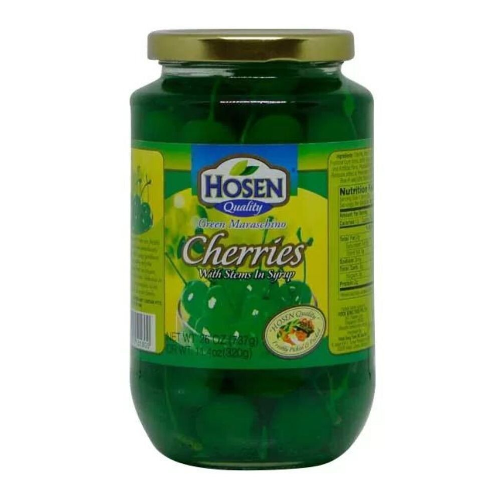 Hosen Green Maraschina Cherries with stems in syrup 737g