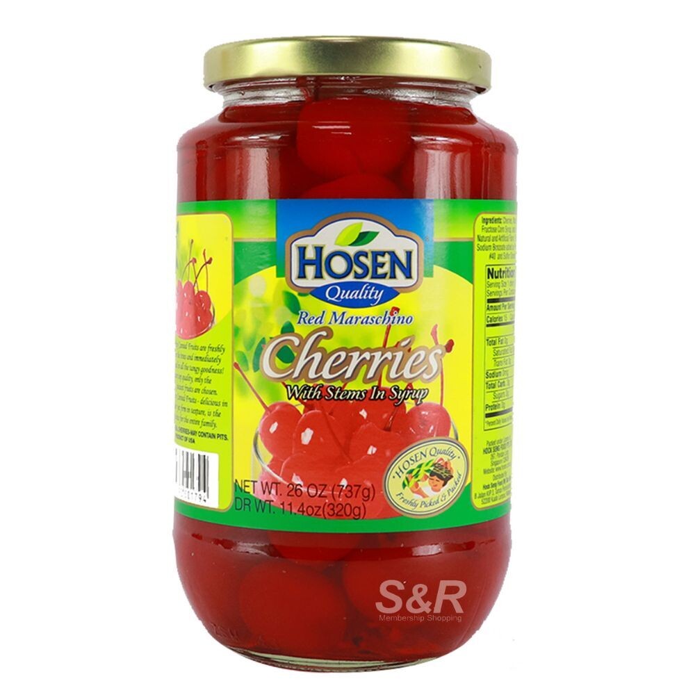 Hosen Red Maraschino Cherries with Stems in Syrup