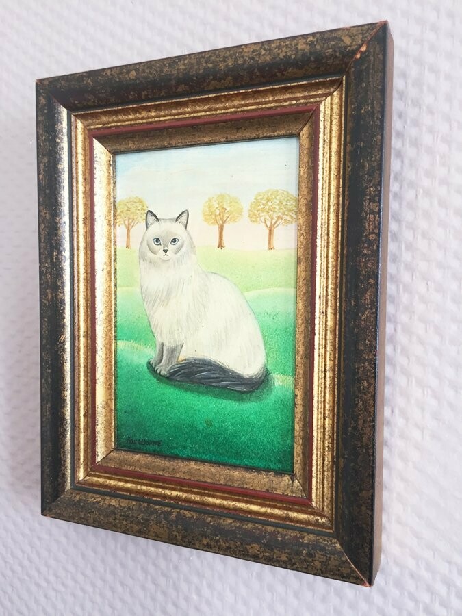 Peinture chat blanc, art naïf, 1970