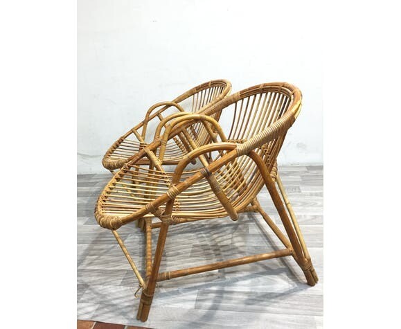 Paire de fauteuils rotin coquille 1960