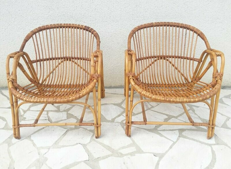 Paire fauteuils rotin corbeille adulte, 1960