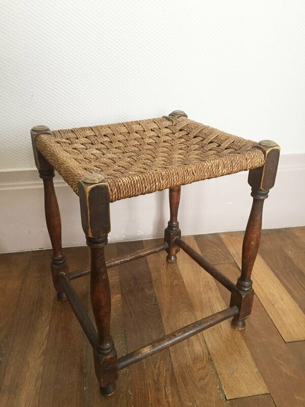 Tabouret bohème en bois et corde vintage