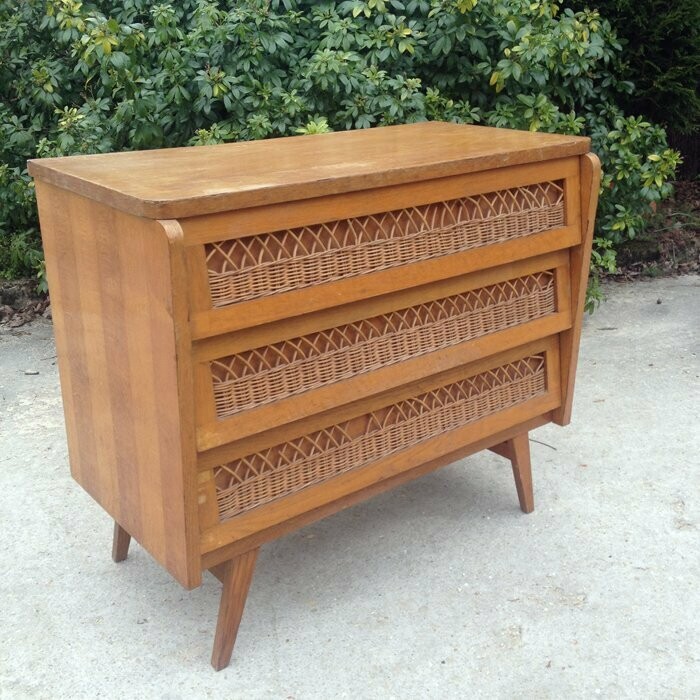 Commode vintage rotin pieds compas, 1960