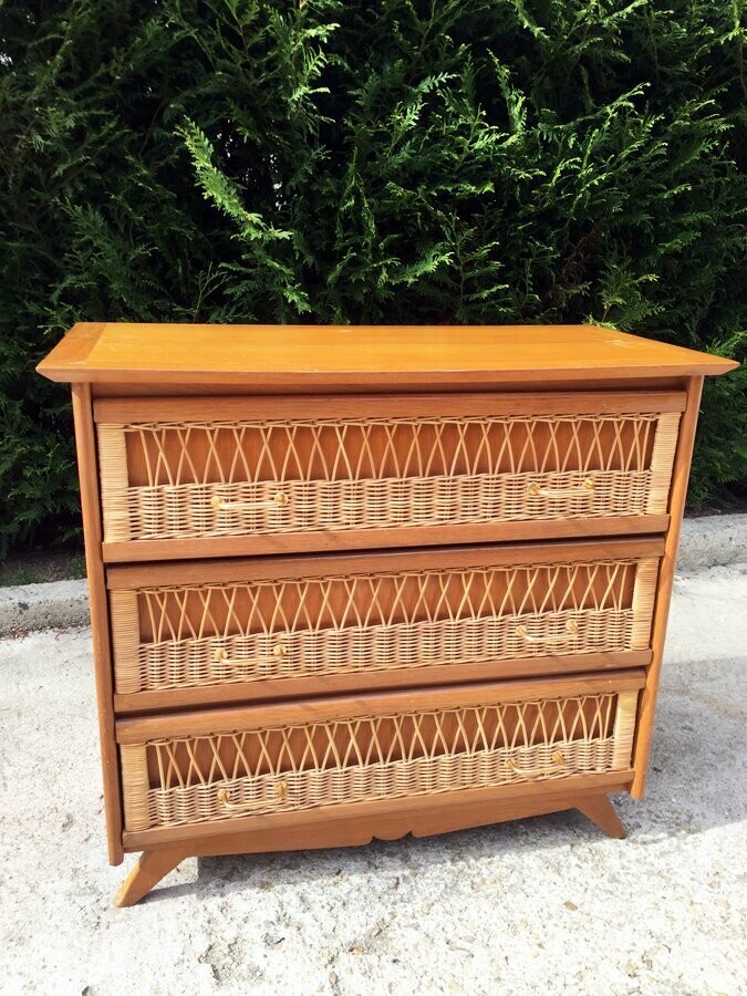 Commode vintage rotin pieds compas, 1960