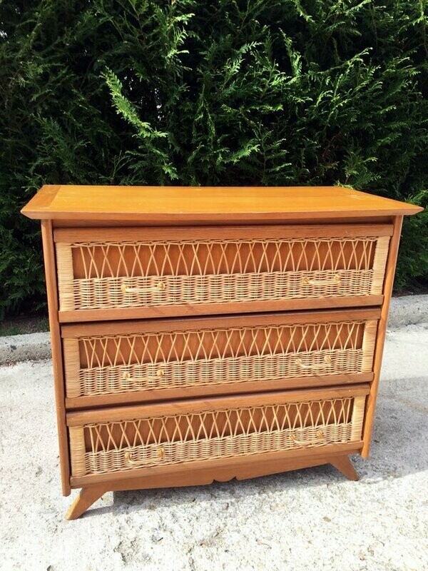 Commode vintage rotin pieds compas, 1960