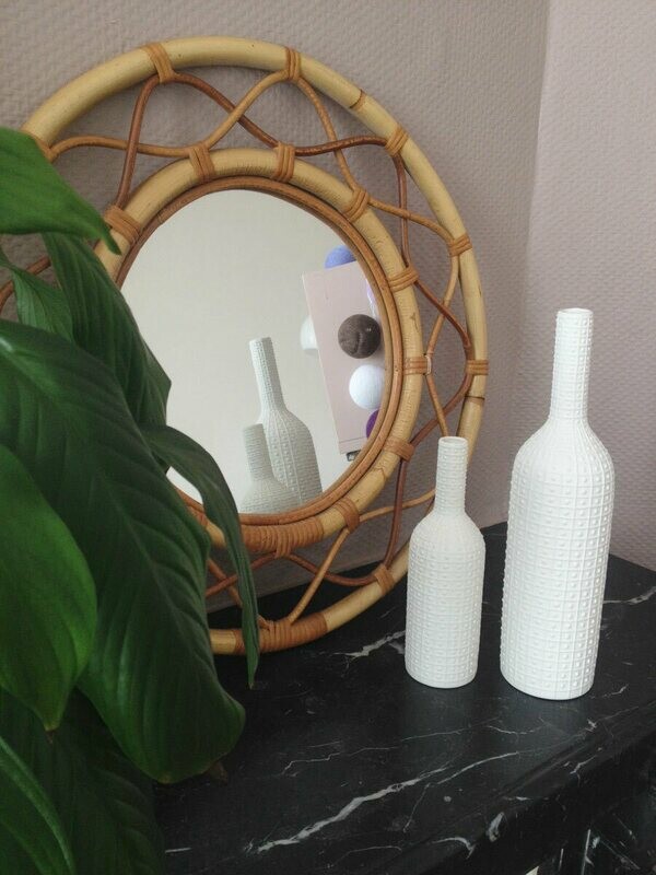 Miroir rotin vintage "double cercle", 1960