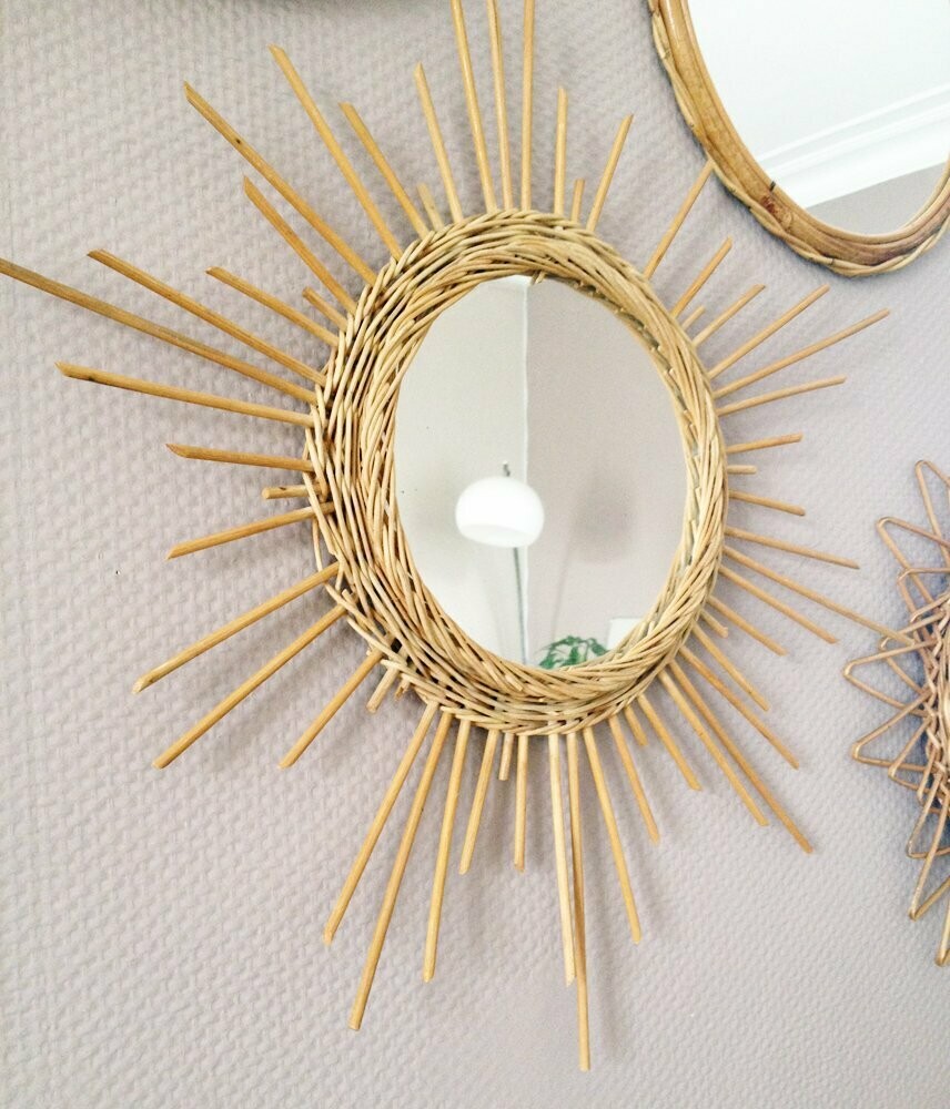 Miroir soleil rotin vintage, 1960
