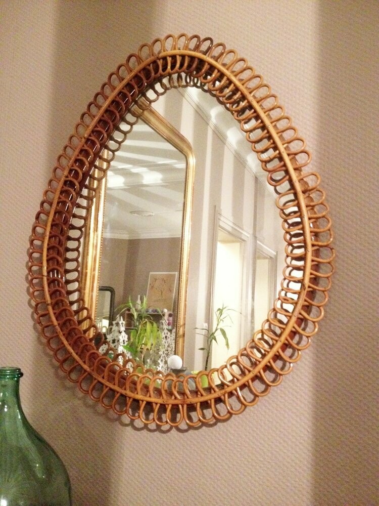 Magnifique Grand miroir rotin « Goutte d'eau »