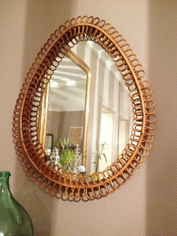 Magnifique Grand miroir rotin « Goutte d’eau »
