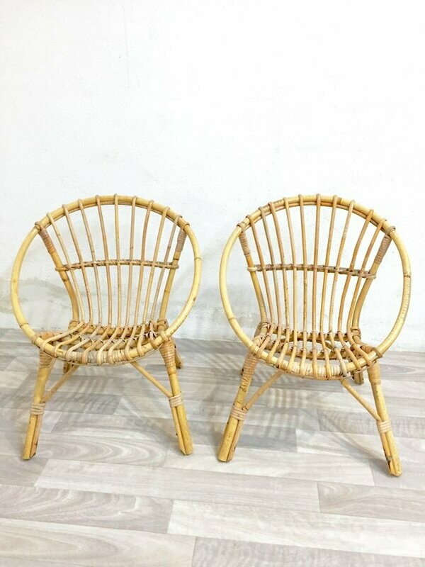 2 fauteuils coquille enfant rotin vintage, 1960
