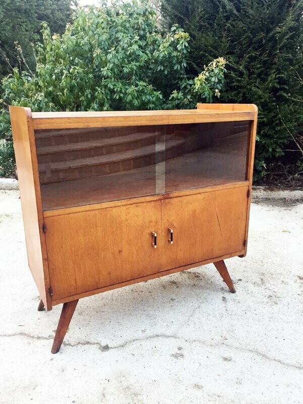Buffet bas pieds compas avec vitrine, années 60