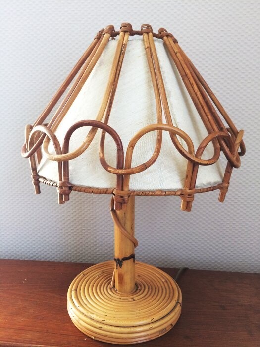 Lampe de chevet rotin Louis Sognot, années 60