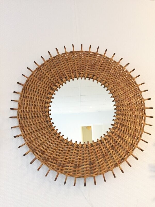 Grand miroir rotin vintage, 1960