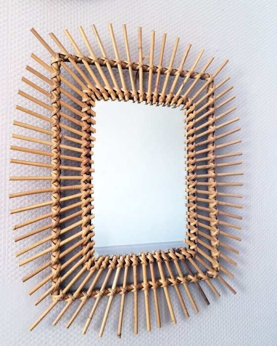 Miroir soleil rotin rectangulaire, 1950
