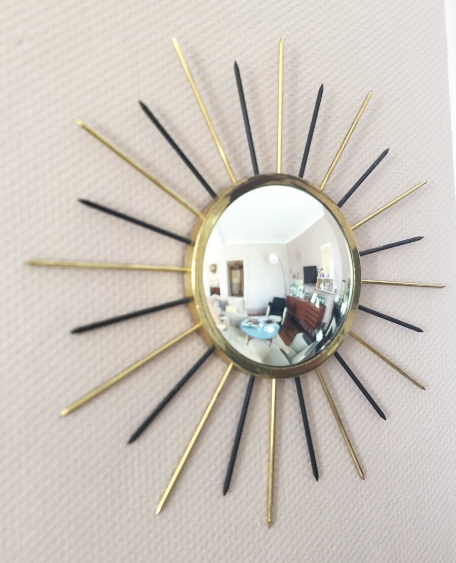 Miroir soleil sorcière doré et noir, 1960