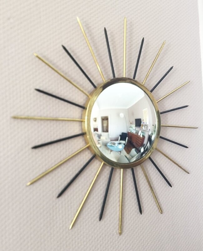 Miroir soleil sorcière doré et noir, 1960