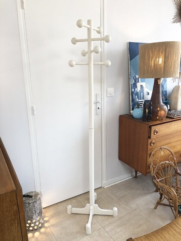 Porte manteaux vintage en bois blanc, 1970
