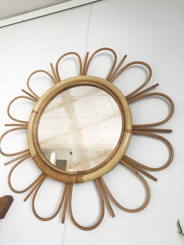 Miroir fleur en rotin vintage, 1960