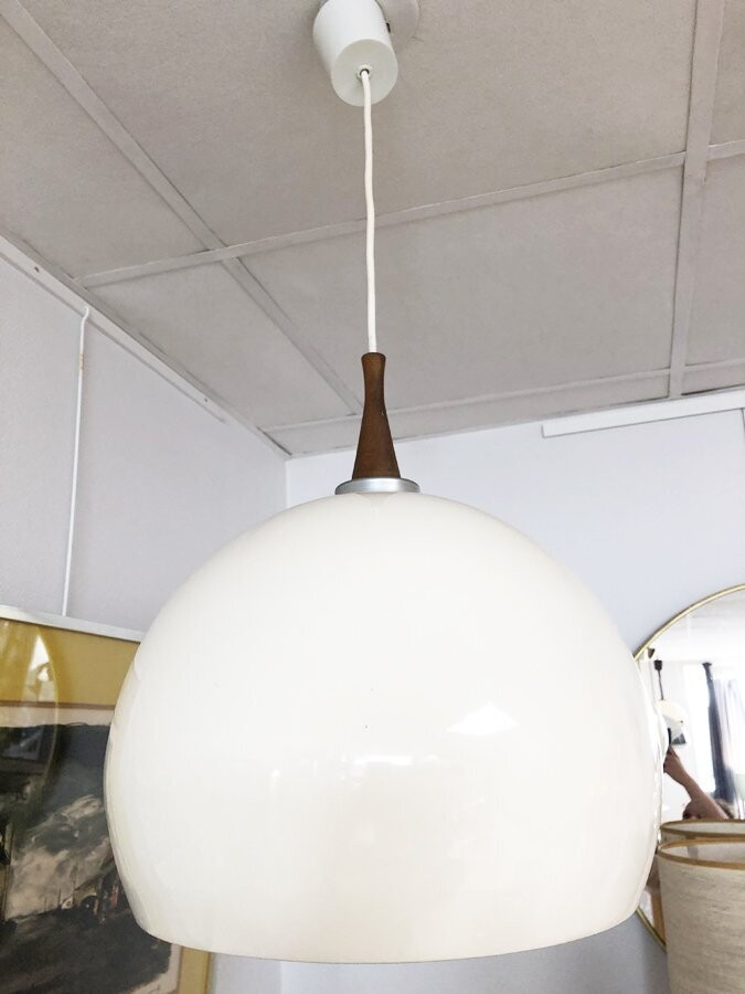 Suspension vintage teck et métal laqué beige, 1970