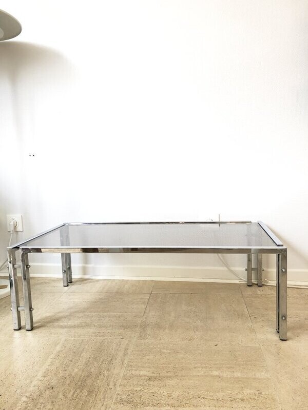 Table basse verre fumé et chrome 1970