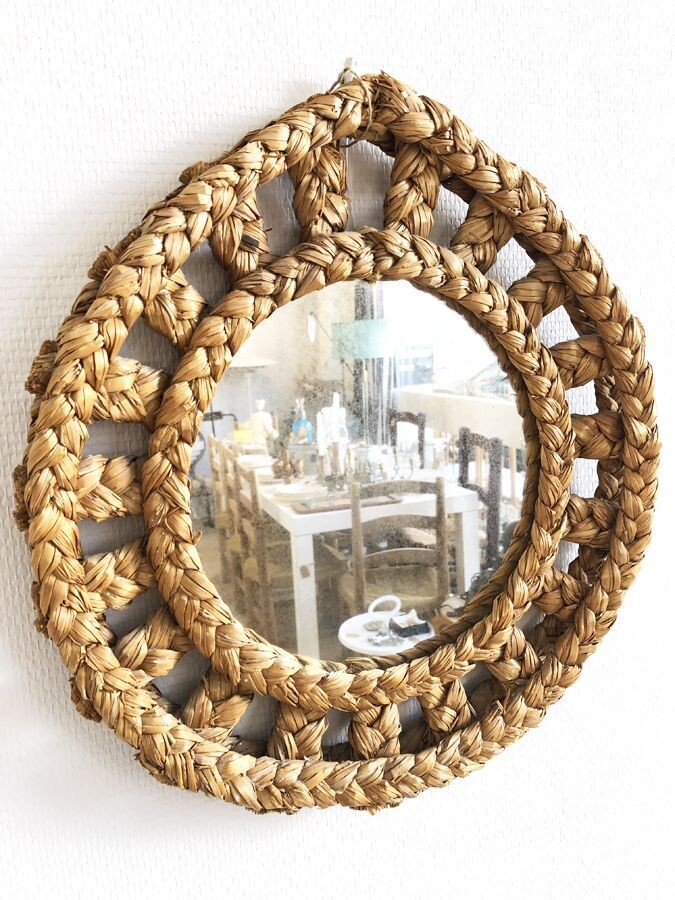 Miroir vintage en raphia tressé, 1970
