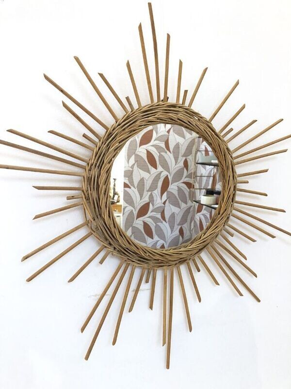 Miroir soleil rotin vintage, 1960
