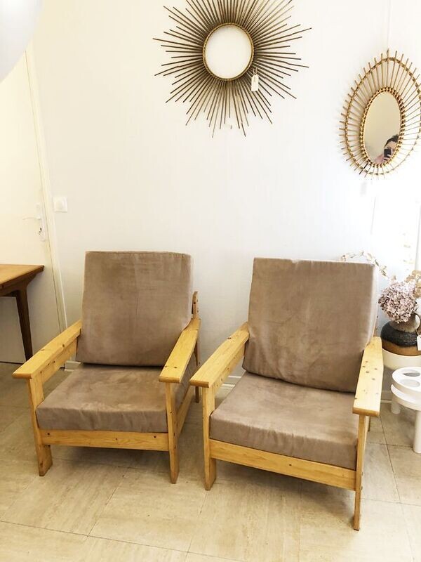 Paire fauteuils scandinaves en pin, 1970