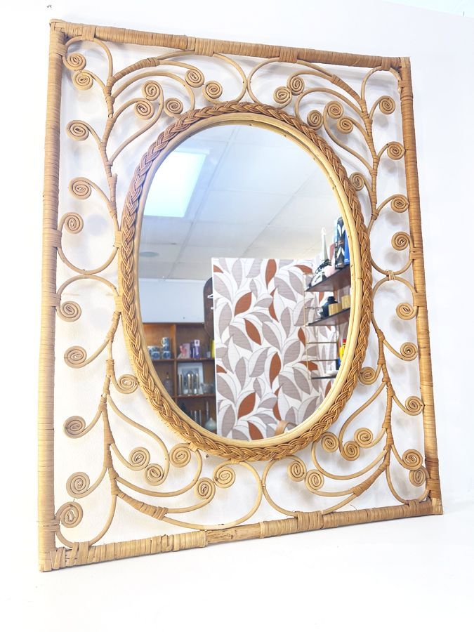 Miroir rotin peacock XXL, 1970