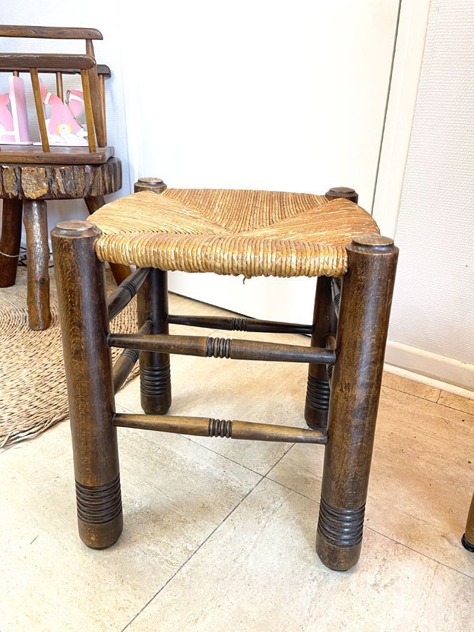 Tabouret vintage en paille et bois, 1970