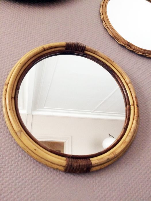 Miroir bois et rotin vintage, 1950 Miroir bois et rotin vintage, 1950