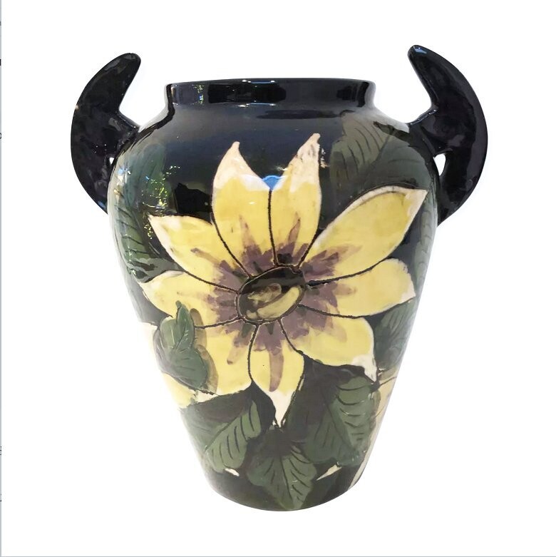 Vase Art déco en barbotine à décor floral – France, années 30