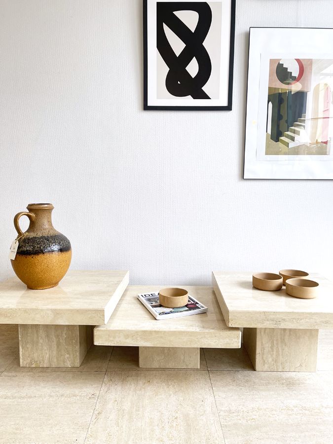 Table basse modulable en travertin – design sculptural années 70