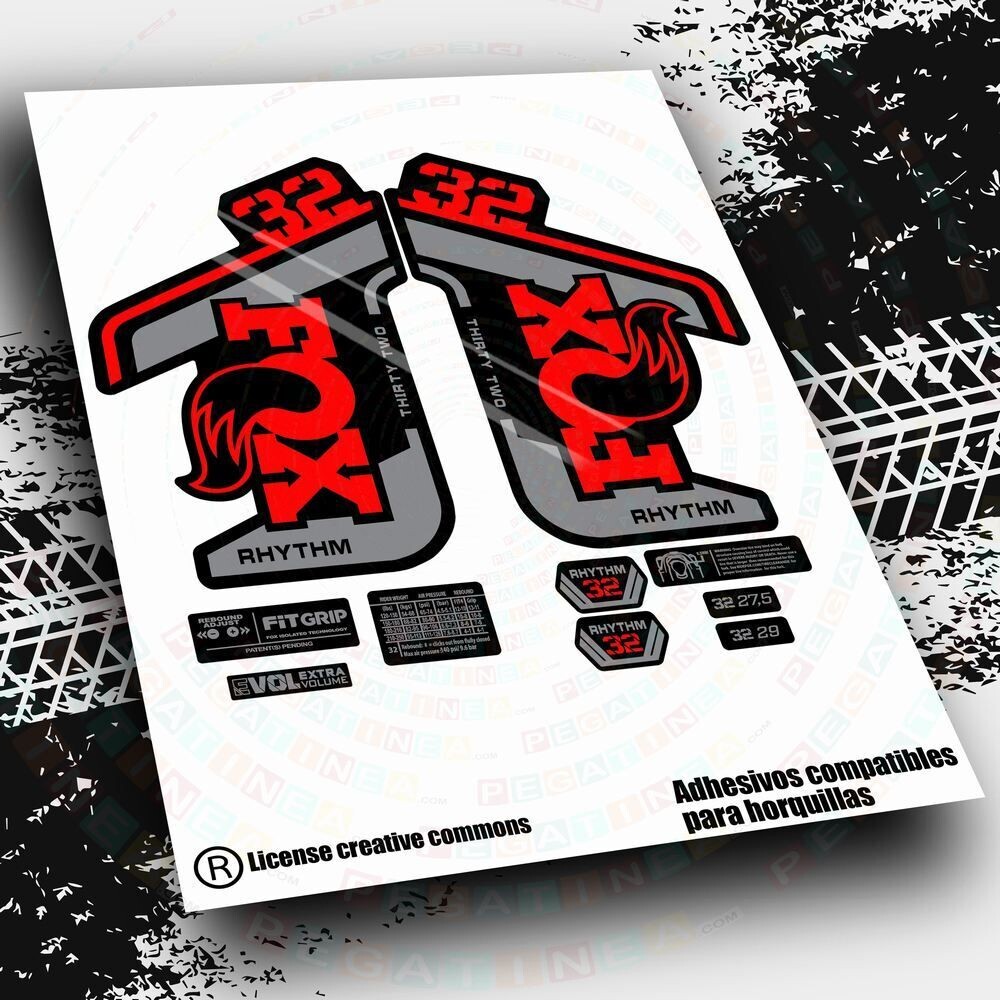 KIT DE PEGATINAS COMPATIBLES PARA HORQUILLAS FOX 32 RHYTHM 2021-22 BICOLOR WP456, COLOR: ROJO FLUOR