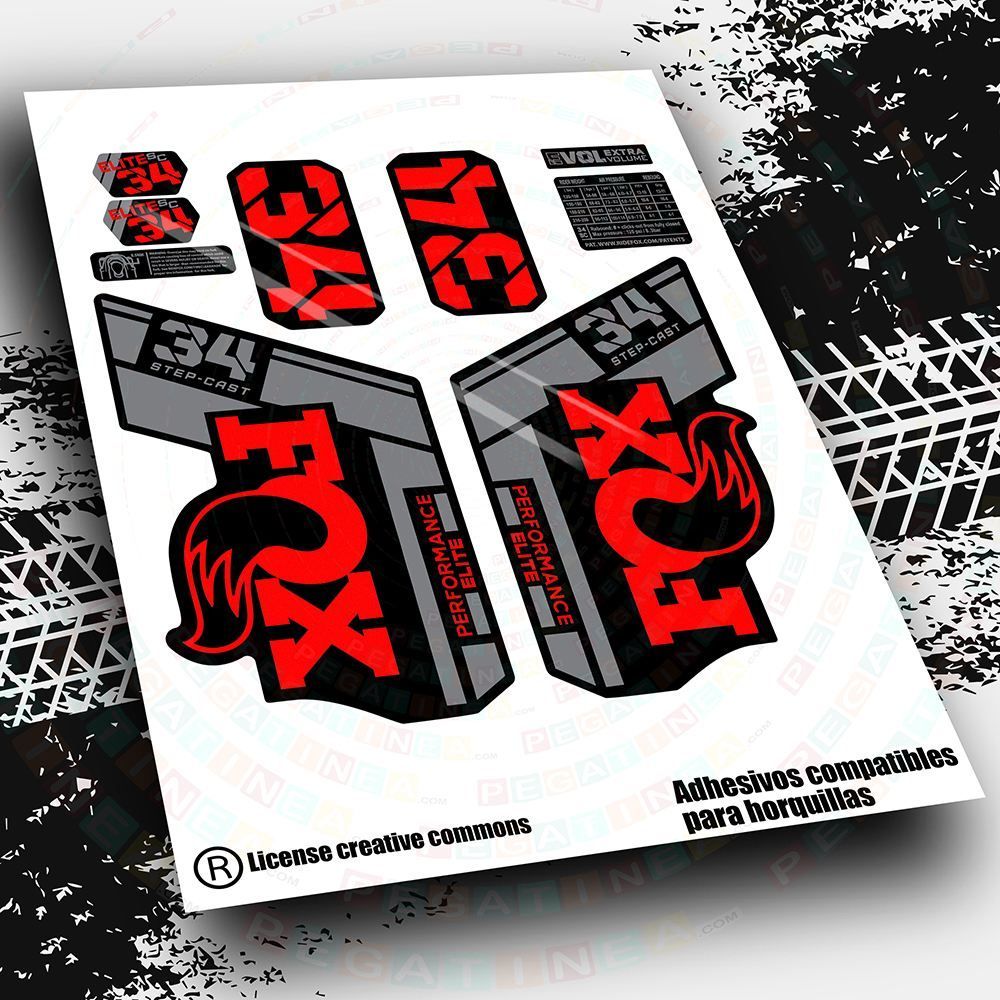 KIT DE PEGATINAS COMPATIBLES PARA HORQUILLAS FOX 34 SC 2021-2022 BICOLOR WP550, COLOR: ROJO FLUOR