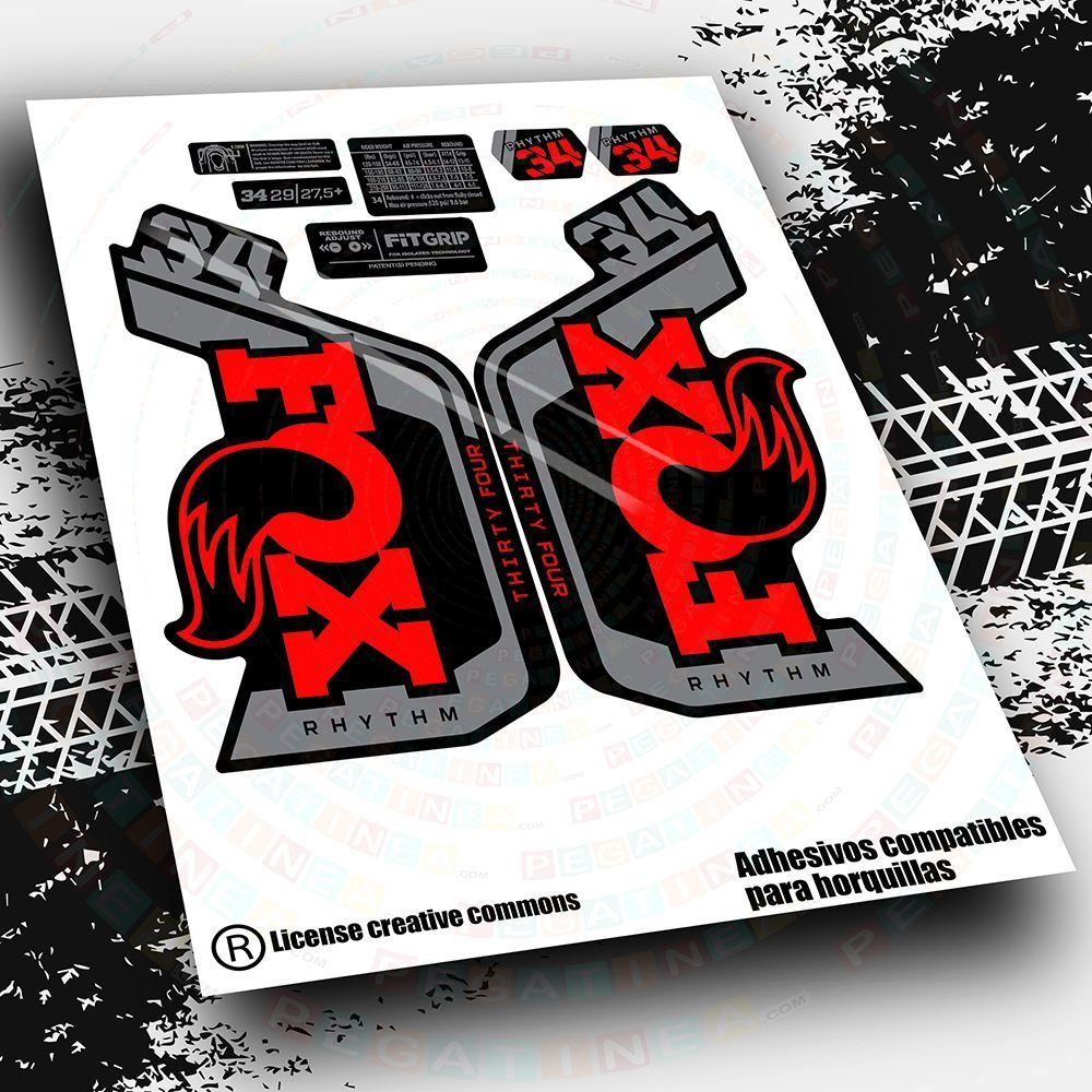KIT DE PEGATINAS COMPATIBLES PARA HORQUILLAS FOX 34 RHYTHM 2023 BICOLOR WP564, COLOR: ROJO FLUOR
