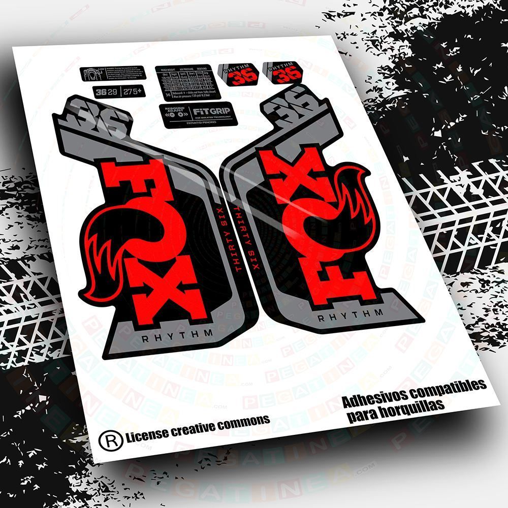 KIT DE PEGATINAS COMPATIBLES PARA HORQUILLAS FOX 36 RHYTHM 2023 BICOLOR WP568, COLOR: ROJO FLUOR