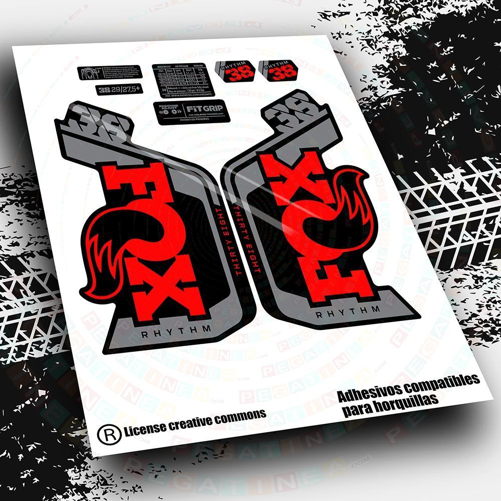 KIT DE PEGATINAS COMPATIBLES PARA HORQUILLAS FOX 38 RHYTHM BICOR 2023 BICOLOR WP572, COLOR: ROJO FLUOR