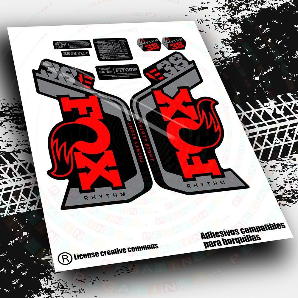 KIT DE PEGATINAS COMPATIBLES PARA HORQUILLAS FOX 38 RHYTHM EBIKE 2023 BICOLOR WP574, COLOR: ROJO FLUOR