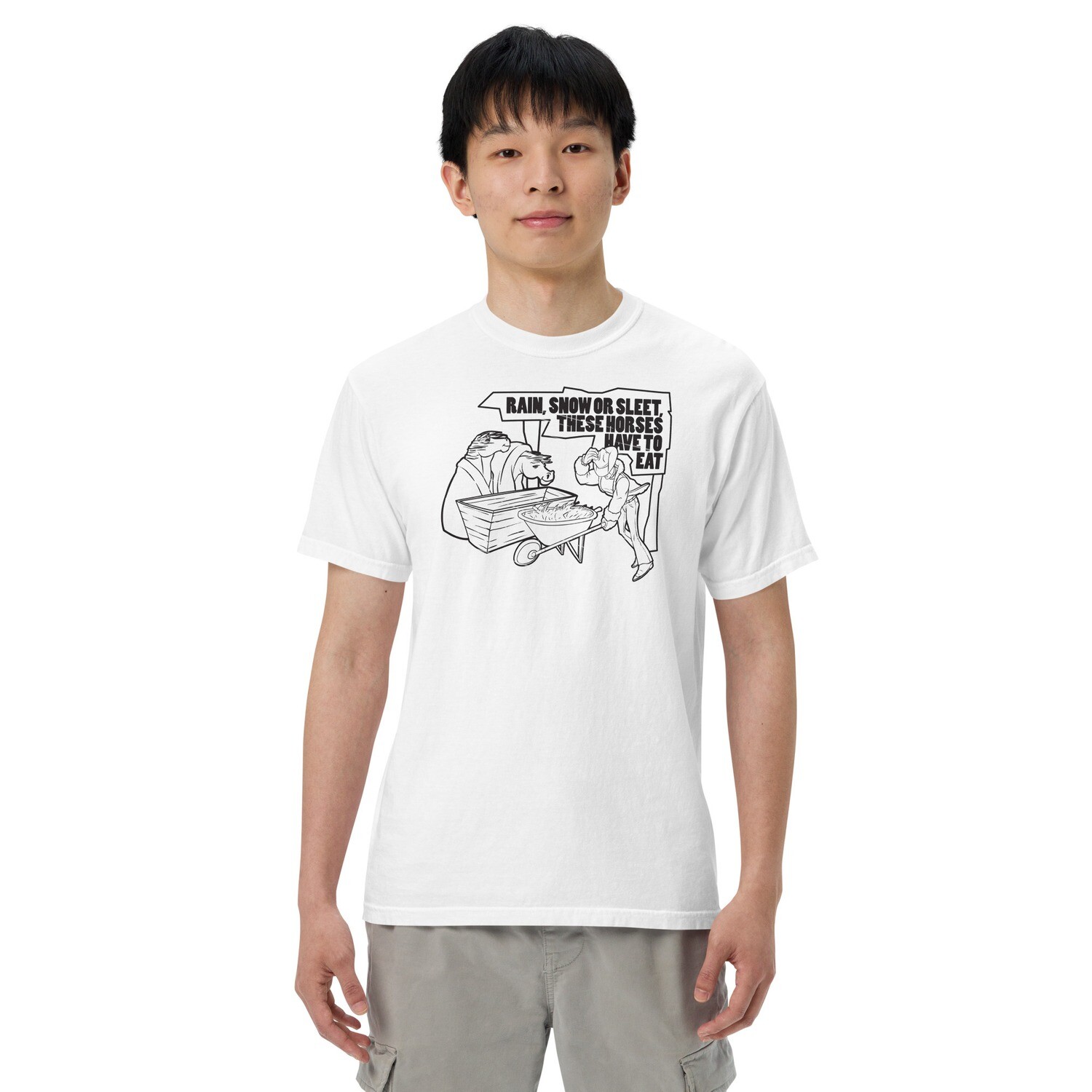 Men’s Heavyweight t-shirt - Rain, Snow or Sleet, These Horses Have to Eat