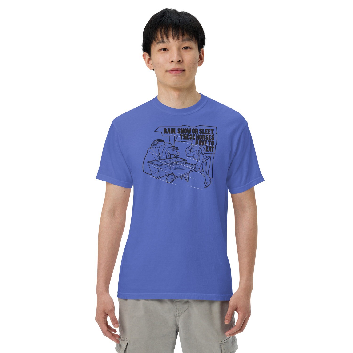 Men’s Heavyweight t-shirt - Rain, Snow or Sleet, These Horses Have to Eat, Color: Flo Blue, Size: S