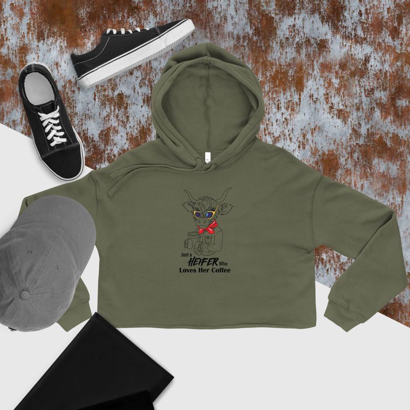 Fun Heifer Crop Hoodie, Just a Heifer Who Loves Her Coffee, Funny Cow Crop Hoodie for Farm Girl Gift, Fun Cow Crop Hoodie Gift for Her, Cow Lover Crop Hoodie
