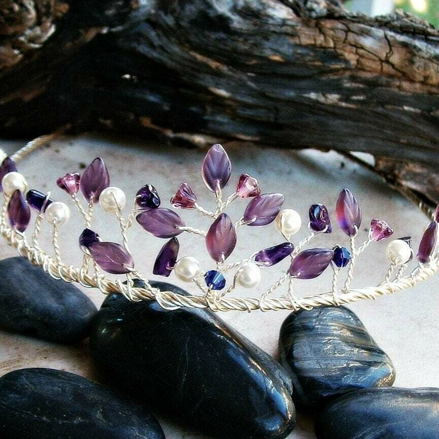Amethyst Bridal Tiara Purple Leaves Crystals Pearls