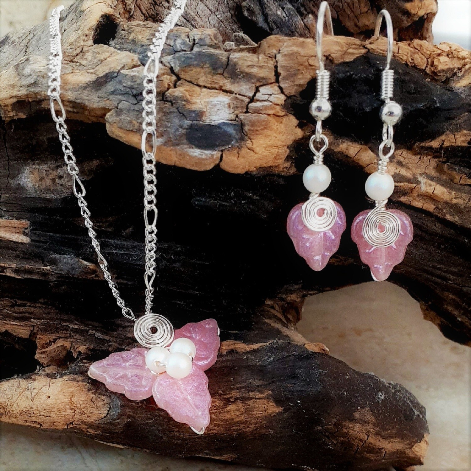 Spring Flower Fairy Jewelry Set Pink Necklace Earrings