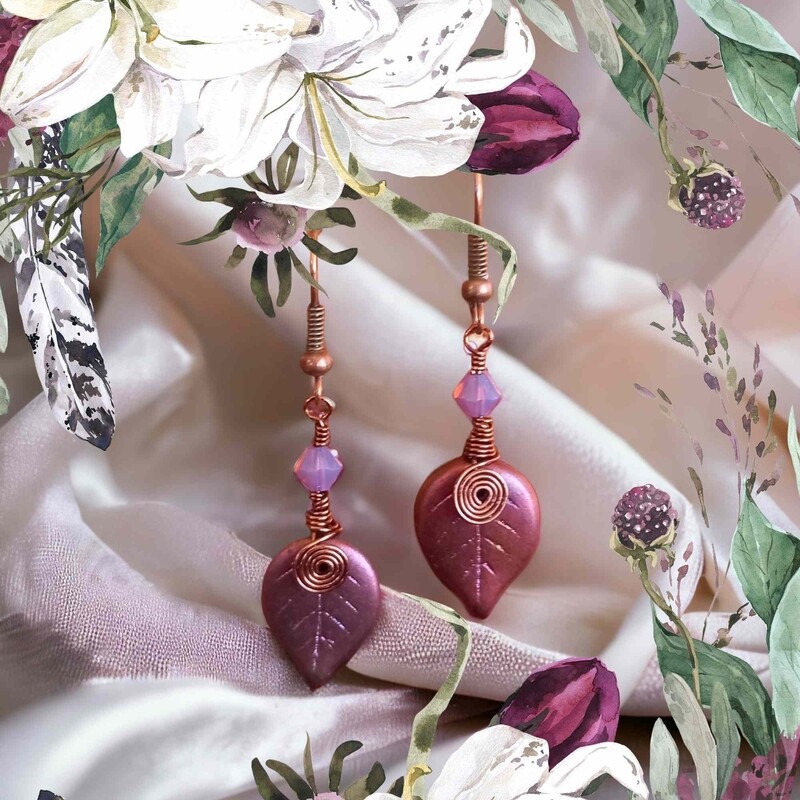 Fae Leaf Dangle Earrings Copper Purple Opal