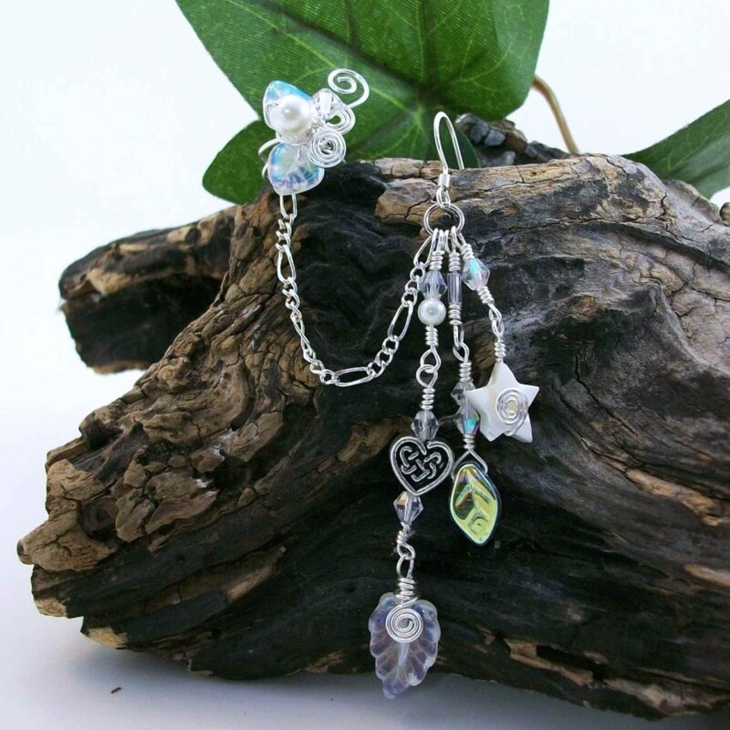 Chain Ear Cuff Dangle Earring With Leaf Celtic Heart and Star - Aurora Ice Collection