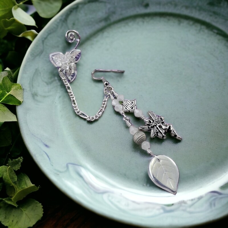 Silver Fairy Chain Ear Cuff Dangle Earring, Single or Pair 