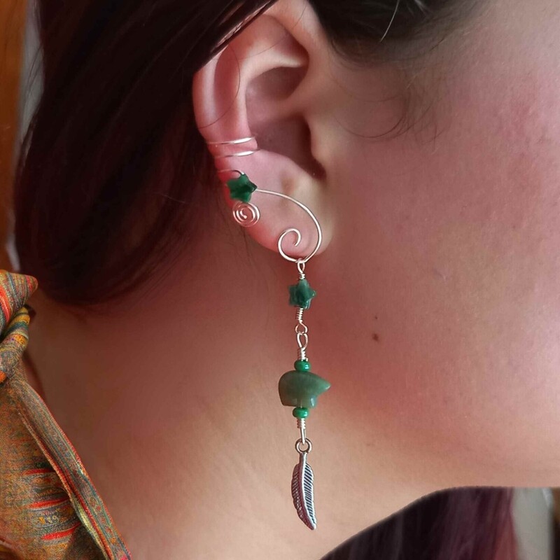 Dangle Ear Cuff 2 in 1 Aventurine Zuni Bear and Feather, No Piercing