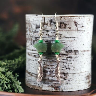 Aventurine Dangle Earrings with Zuni Bear and Feather