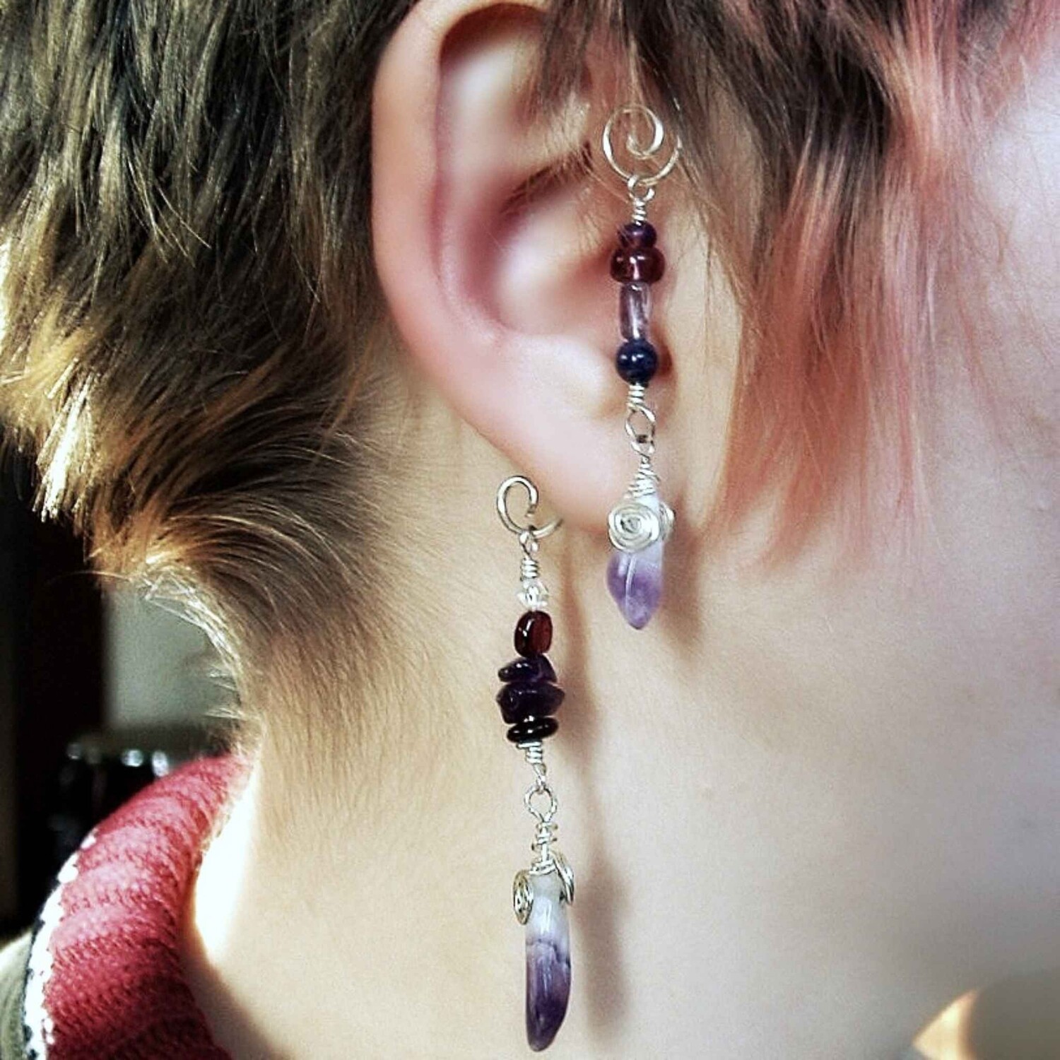 Amethyst Dangle Ear Cuff No Piercing Single or Pair
