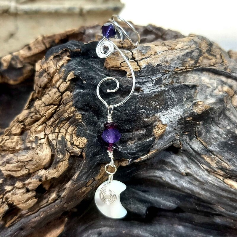 Amethyst Moon Ear Cuff 2 in 1 Dangle No Piercing Needed